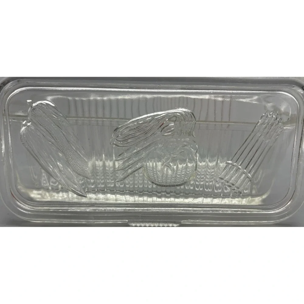 Vintage Federal clear glass refrigerator storage dish embossed vegetables on lid